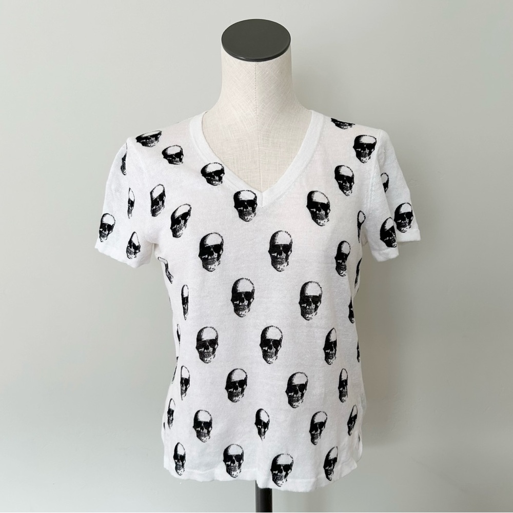 Skull Cashmere Linen V-Neck Skull Print Short Sleeve Tee Tshirt Black White XS